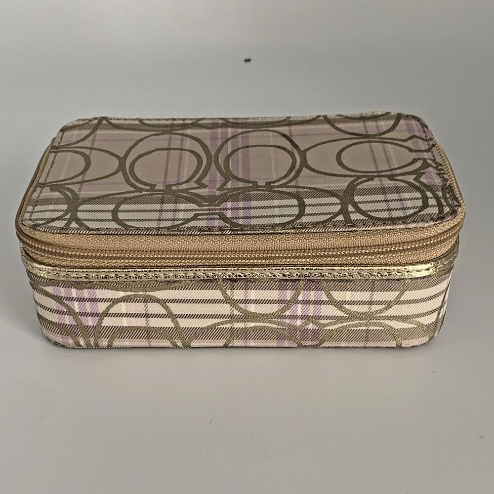Gold Trim Plaid Zip Pouch – Jewelry/Accessory Case – Beige & Gold Purple Pattern